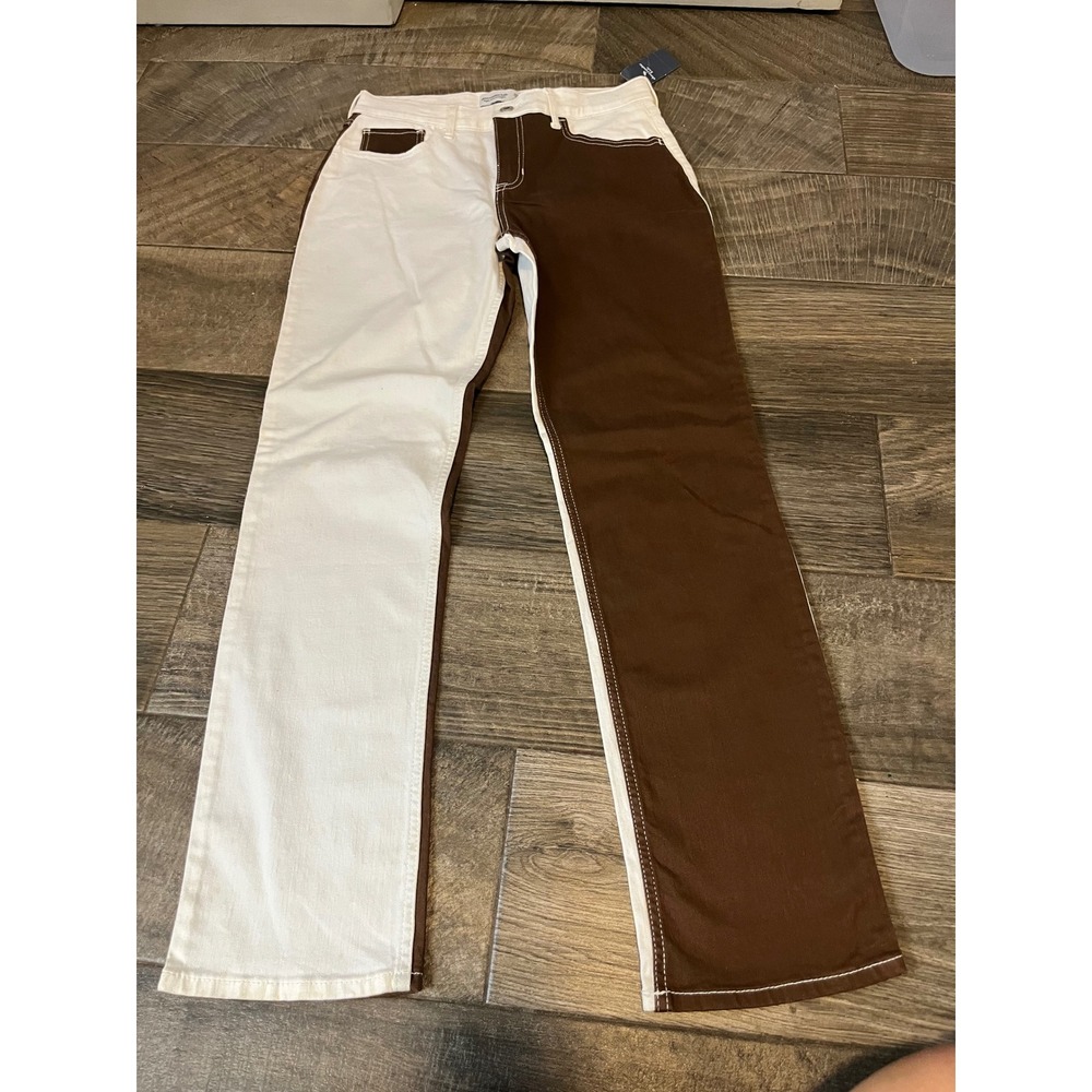 Abercrombie Kids High Rise Straight Two Tone Split Jeans Brown Cream 17/18 Long